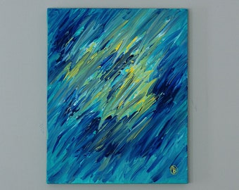 Original Abstract Painting, Blue, Teal, and Yellow Wavy Splashes, Acrylic on Stretched Canvas