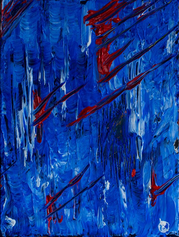 オリジナル抽象画、冷たい青と派手な赤いストローク、ボード上の