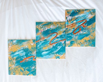 Original Abstract Triptych Paintings, 3 Panels, Teal and Gold Sheen Dry Brush, Copper Splash, Acrylic on Board