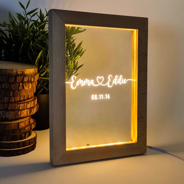 Personalized Valentines LED Light-Up Photo Frame with Engraved Anniversary Couple Names & Date