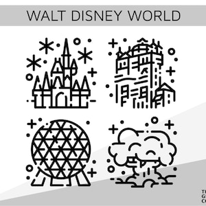 Disneyland Florida Line Art Theme Parks Icon For Cricut SVG Bundle 4 Files