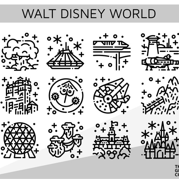 Disneyland Florida Line Art Theme Parks Icon For Cricut SVG Bundle 12 Files