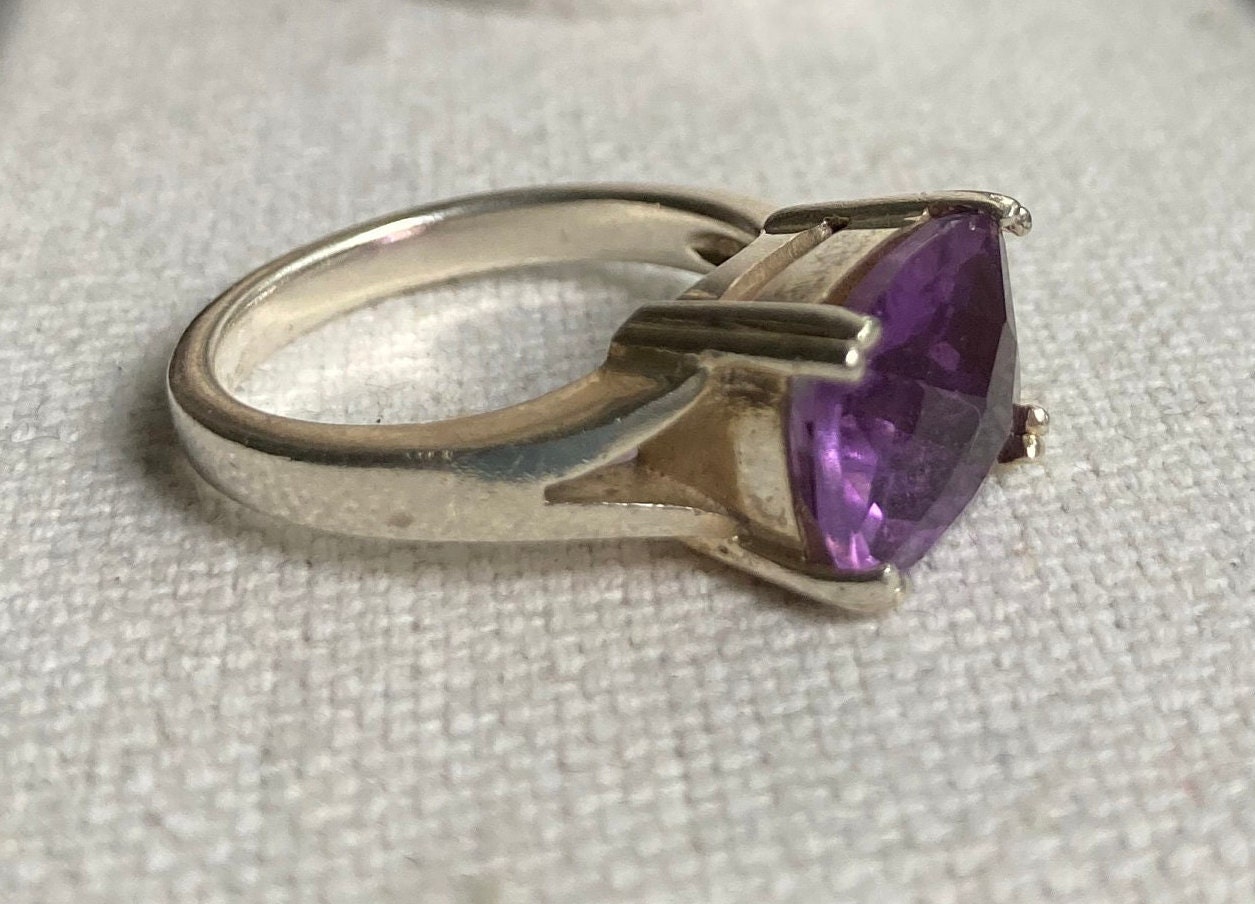Bague Vintage En Argent Massif 925 Et Améthyste - Taille 50 - Occasion En Bon état