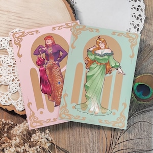Lotto Stampe A5 Art Nouveau Verde e Viola - Illustrazione - Arte - Artista - Original Art - Moda - Carte - Stampe - Carino
