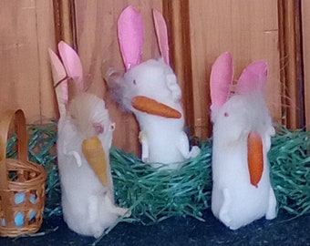 3 Vintage Cotton Batting Bunny Rabbits w/ Spun Cotton Carrots, Easter Putz Figures w/ Japan Labels, Collectible Easter Decorations Props