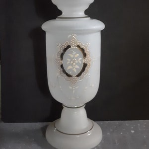 Antique Satin Glass Vase, White with Moriage Floral Medallion and Gilding, Handmade Decorative Victorian Collectible Cut Flower Vessel