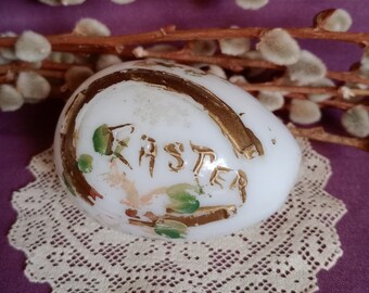 Antique Victorian Blown Milk Glass Easter Egg, Hand Painted with Raised Design, Gold Horseshoe & Clover