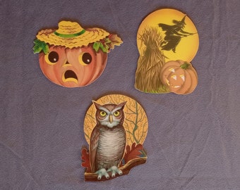 LOT 3 Vintage Halloween Diecut Decorations, Witch Cornstalks, JOL & Owl, 3-4" Mini Collectible 1960's Ephemera, V. Good - Excellent