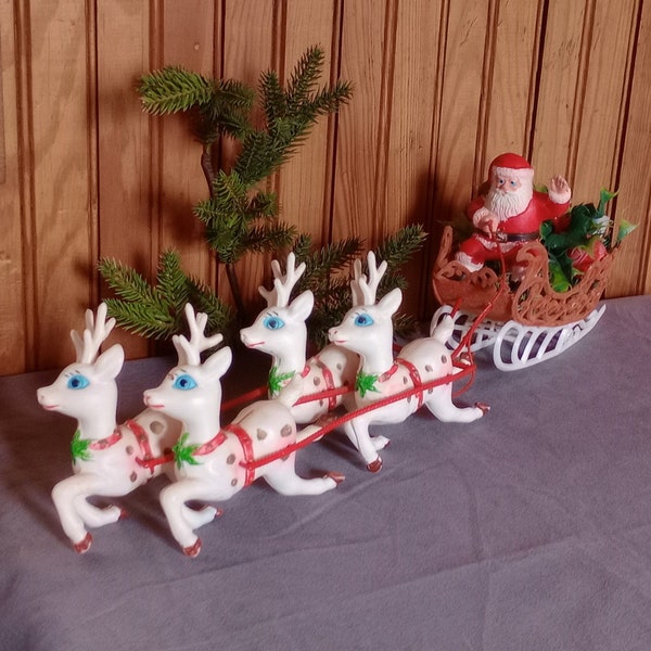 XL 21" Vintage Plastic Santa Sleigh with 4 Big Reindeer, Gifts & Holly, Flocked Blow Mold Christmas Decoration, Retro Kitsch Collectible