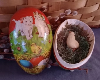 Antique 5.5" Red Germany Paper Mache Easter Egg Victorian Kittens Cats Cotton Chick & Grass, Collectible Decoupage Candy Container