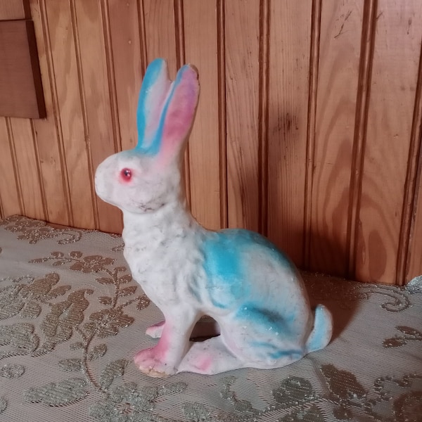 Lapin de Pâques vintage en papier mâché, 20 cm bleu et rose avec yeux rouges, bonbonnière à collectionner, décoration printanière en pulpe du milieu du siècle