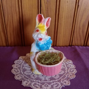 RARE Vintage Chalkware Rabbit with Nut Cup & Wax Paper Grass, 4" Figurine, Collectible Easter Decoration, Midcentury Easter Party Favor