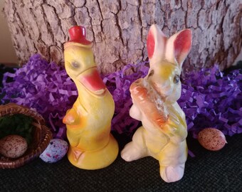 Vintage Chalkware Easter Figurines PAIR Duck with Hat & Bunny Rabbit Munching Carrot Hand Painted Plaster Midcentury Collectible Decorations
