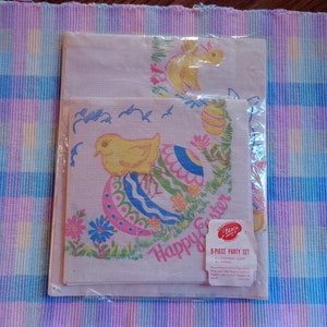 RARE Vintage Easter Paper Table Cover Luncheon Set by Beach, Complete Package w/ Label, Paper Tablecloth & 8 Napkins, Collectible Ephemera