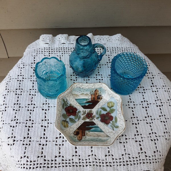 Turquoise Glass Summer Seaside Decor, 4 Pc Lot, Blue Votive Candle Holders, Hand Blown Bud Vase and Lighthouse, Trinket Dish, Lovely Set!