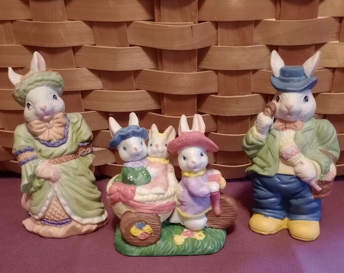 Victorian Bunny Rabbit Family Bisque Figurines, 3 Hand Painted ...