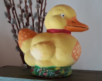 Antique Paper Mache Candy Container Germany, Pulp Composition Duck w/ Red Ribbon, Vintage Figural Collectible Easter Decoration