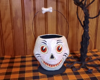 Vintage Dept 56 Skull Candy Pail Bucket Skeleton Face Paper Mache Candy Container, Primitive Folk Art White Glittered Trick or Treat Pail