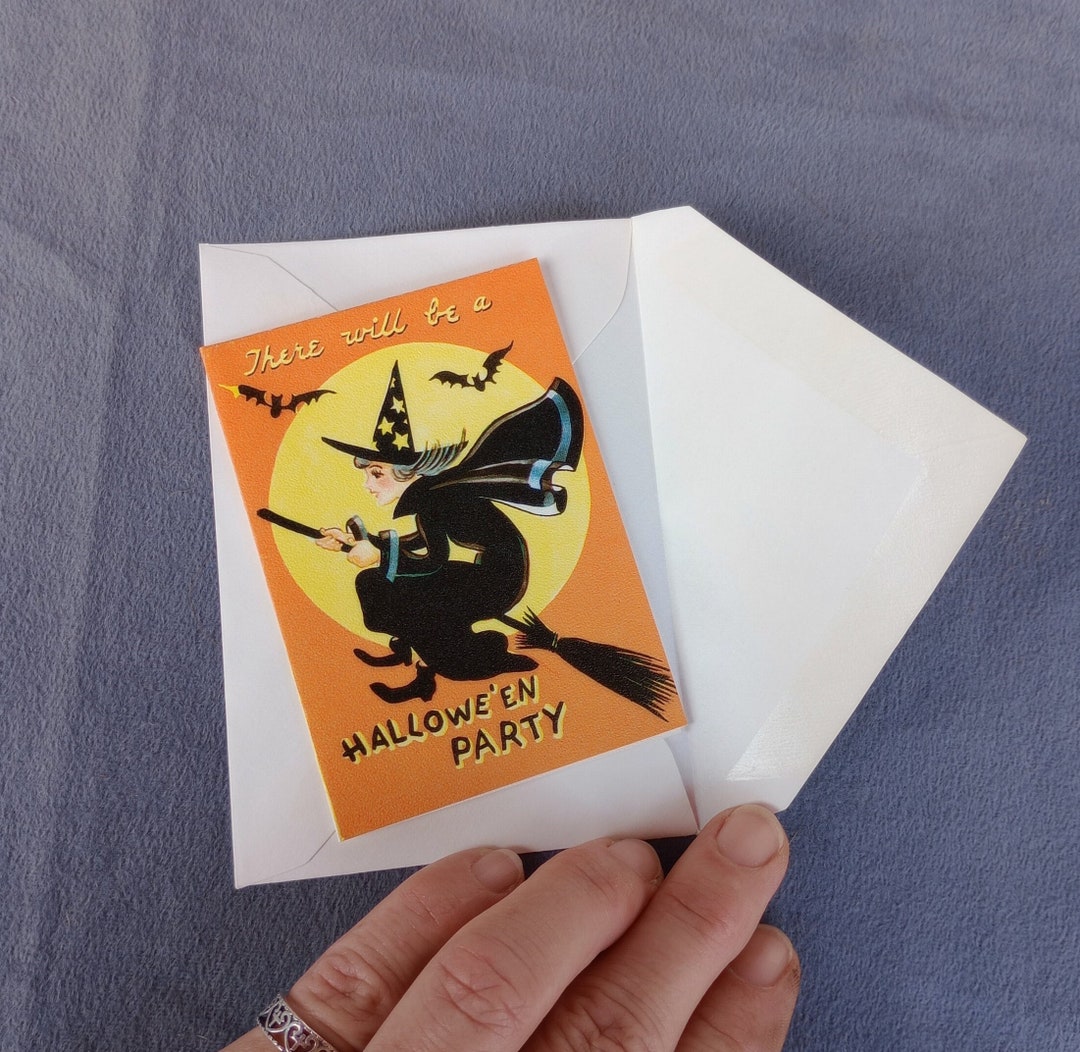 MINT Vintage Halloween Party Invitation, Curran Co. Flying Witch