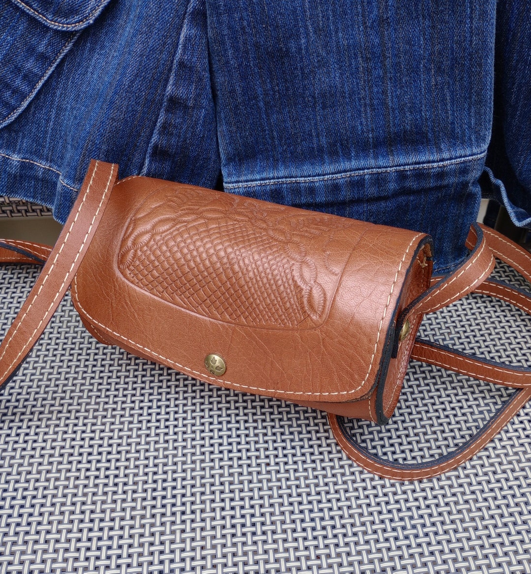 Stamped Leather Crossbody Bag Barrel Shaped Embossed Tooled Etsy