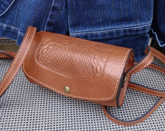 Stamped Leather Crossbody Bag, Barrel Shaped Embossed Tooled Brown Leather Purse with Long Adjustable Buckle Strap - EXCELLENT!