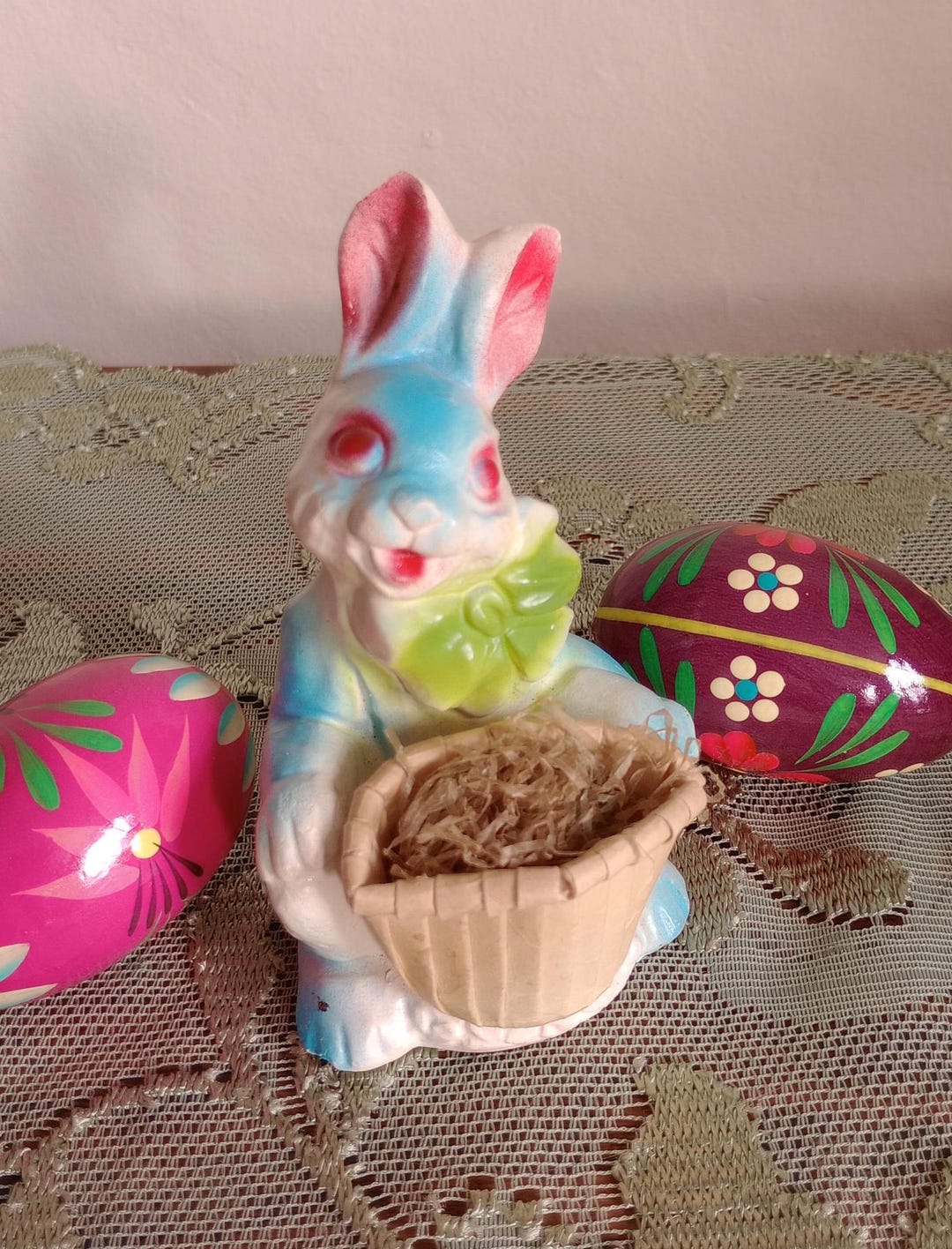 Vintage Chalkware Rabbit With Nut Cup & Wax Paper Grass, 4