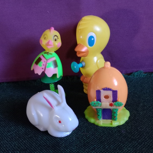 Vintage Plastic Easter Toys, Lot of 4 Assorted Collectible Hard Plastic Collectibles, Egg House View Finder, Chick Squirt Gun, Rolling Bunny