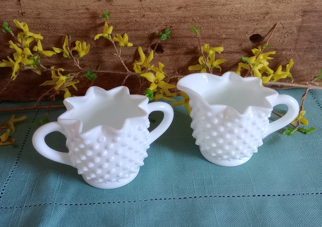 Fenton Milk Glass Hobnail Creamer and Sugar PAIR, 8 Point Star Pattern