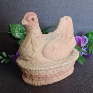 Antique Paper Mache Pulp Easter Chicken Hen on Nest 2 Piece Candy Container, Drake Process FN Burt Egg Carton Hollow Figure Box Spring Decor