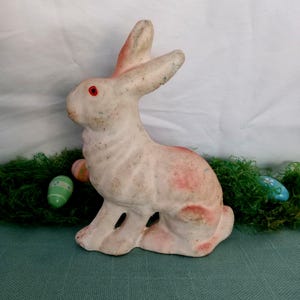 Vintage Paper Mache Easter Bunny Rabbit with Pink Highlights, 6" Pulp Figure 1940s