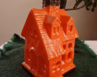RARE 1960s Haunted House Halloween Candle, Unlit 6" Hollow Orange Hollow Burn Through Design
