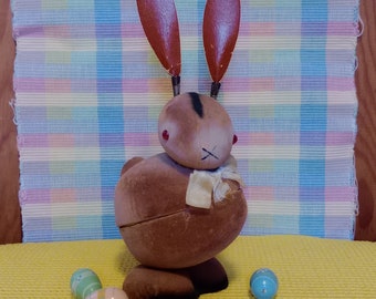 Vintage West Germany Bunny Rabbit Paper Mache Candy Container, 9.5" Flocked Velvet w/ Bobble Ears, Midcentury Collectible Easter Decoration