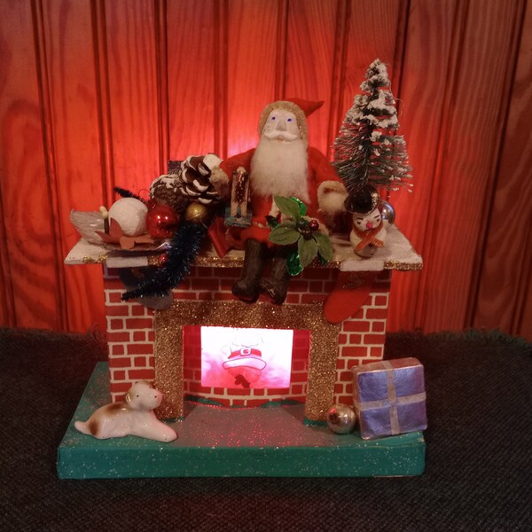 Vintage Putz Japan Lighted Christmas Fireplace, Collectible Light Up Decorated Mantle w/ Clay Face Santa Claus & More! Original Cord Works!