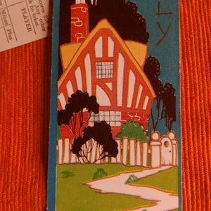 MINT Vintage Autumn Bridge Tally in 2 Parts, Art Deco Halloween Cottage, Unused Gilded 1930s Ephemera, Die Cut Decoration, Made in USA