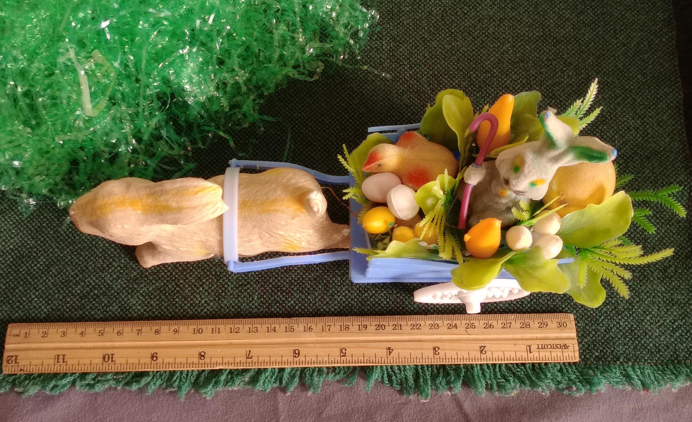 Rabbit Roling Cat Vintage Kitsch Plastic Easter Bunny Cart With Wheels, Flocked Rabbit ...