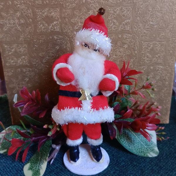 HTF Vintage Christmas Japan Putz Santa Figurine, 5.5" Hand Painted Paper Mache Elf w/ Boots & Cotton Batting Beard, Collectible Retro Decor