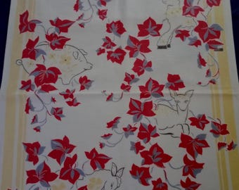 Vintage Linen Table Runner Animals & Ivy, 1950s