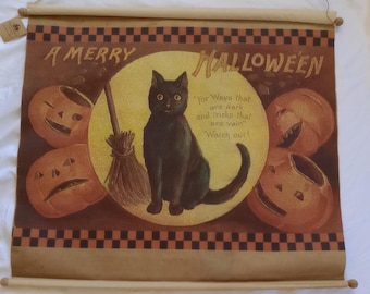 LG Halloween Wall Hanging, Fabric Scroll Banner with Black Cat Moon & JOLS, Primitive Country Style Decor, Ragon House w/ Tag