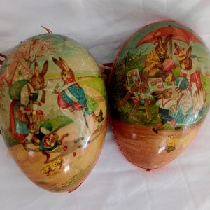 BIG Antique Paper Mache Easter Egg, 7" Anthropomorphic Victorian Rabbit Scenes, White Grass Inside