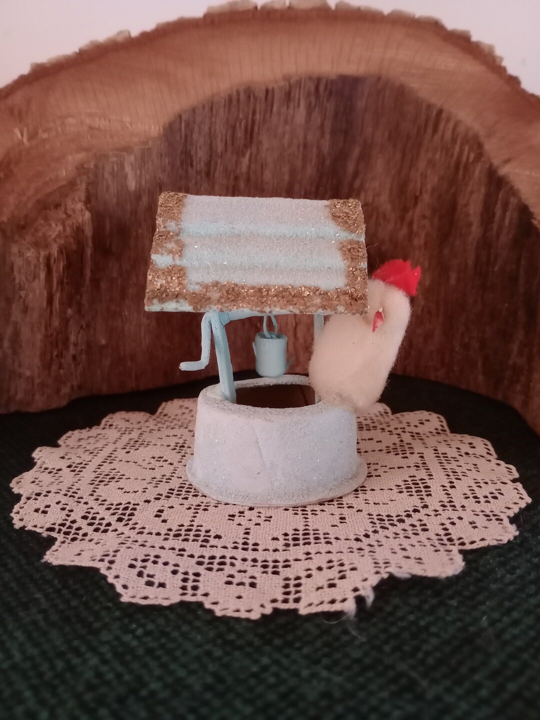 RARE Vintage Cotton Batting Chick on Wishing Well, Mica Putz Japan