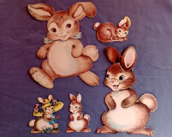 LOT of 5 Vintage Easter Dennison Diecut Decorations, Sweet Brown Bunnies Rabbits, Collectible 1960's Ephemera, Good - Excellent