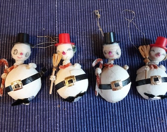 3 HTF Vintage Spun Cotton Snowmen, Midcentury Putz Japan Collectible Christmas Ornaments