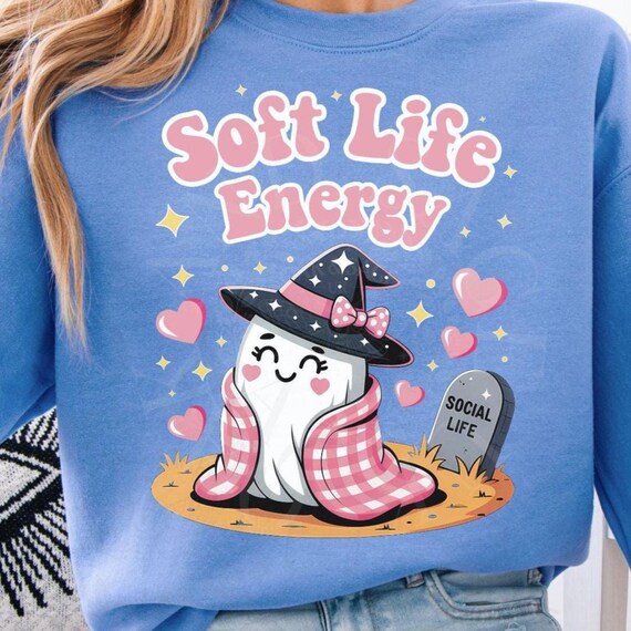 Soft Life Energy Ghost Sweatshirt | Cute Coquette Kawaii Witch Pullover | Comfort Colors Cozy Fall Crewneck | Funny Spooky Season Top