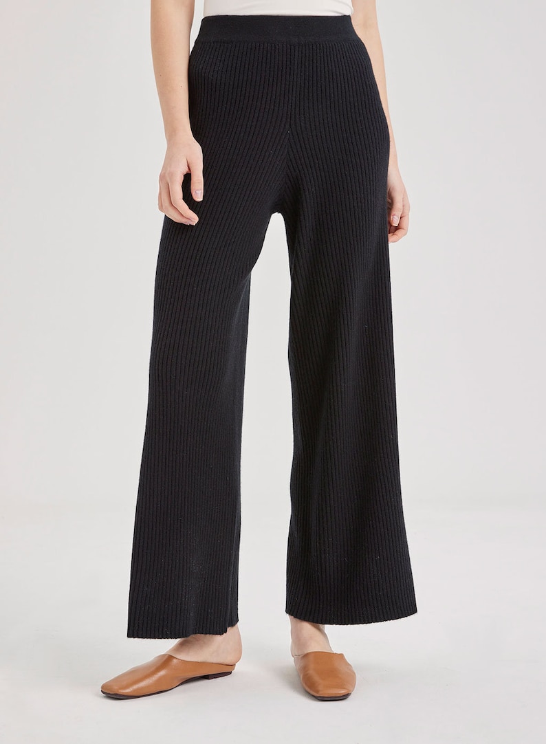 100% Cashmere Rib-Knit Leisure Bottoms/ Women's Thick and Comfy Pants Black