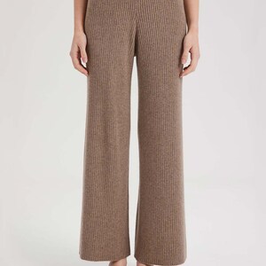 100% Cashmere Rib-Knit Leisure Bottoms/ Women's Thick and Comfy Pants Taupe