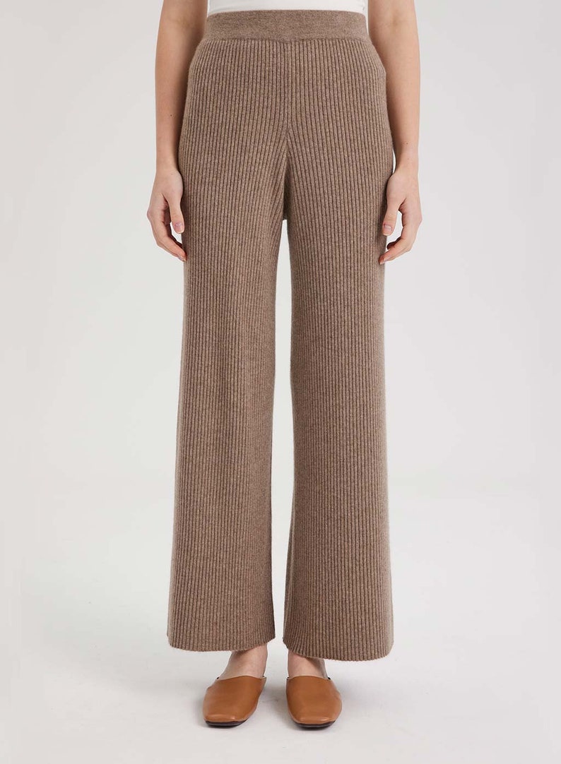 100% Cashmere Rib-Knit Leisure Bottoms/ Women's Thick and Comfy Pants Taupe