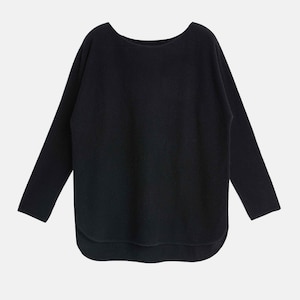 May include: A black long-sleeved sweater with a boat neck. The sweater has a rounded hemline and a relaxed fit. The fabric appears to be a soft knit material, suitable for cooler weather. The garment is displayed on a white background.