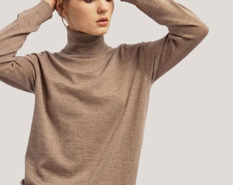 May include: A brown turtleneck sweater with long sleeves. The sweater is made of a soft, comfortable material.