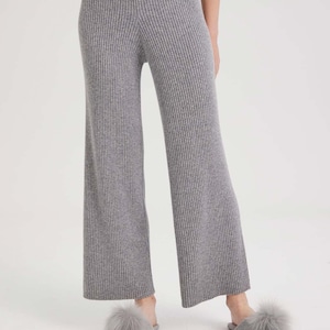 100% Cashmere Rib-Knit Leisure Bottoms/ Women's Thick and Comfy Pants Gray