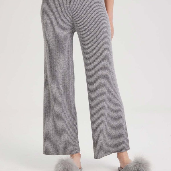 100% Cashmere Rib-Knit Leisure Bottoms/ Women's Thick and Comfy Pants